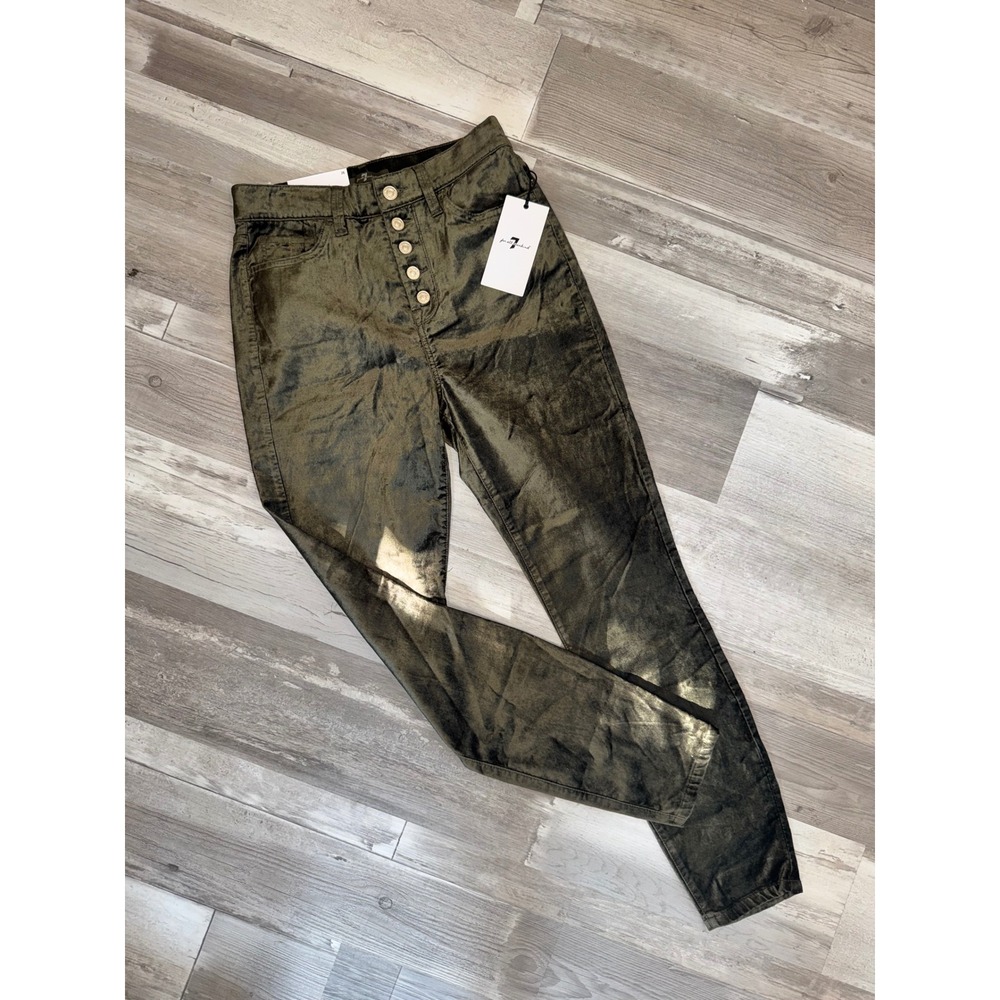 7 For All Mankind Velvet Pants Women Olive Green High Waist Button Fly 26